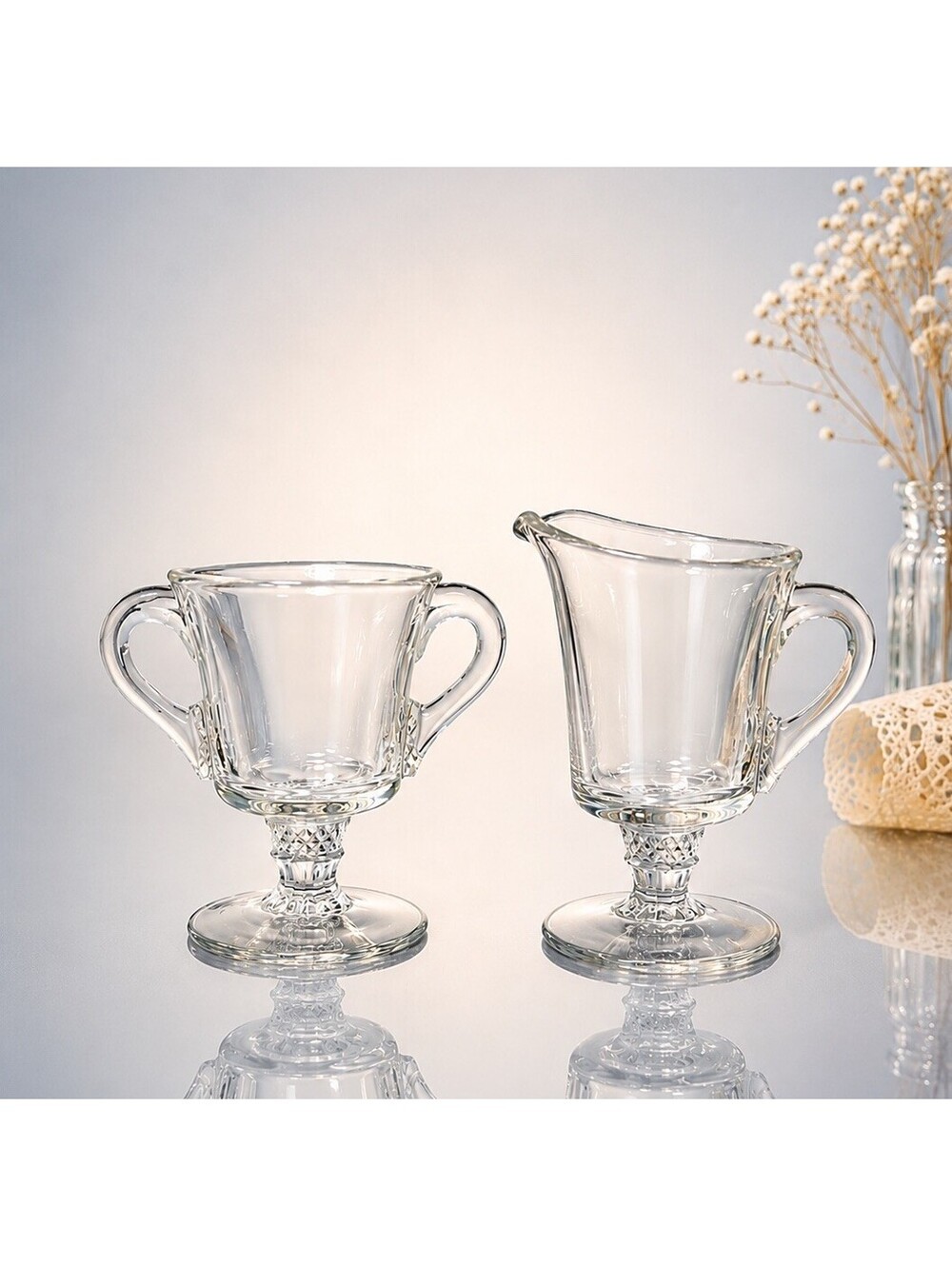 Heisey USA 1950s Plantation #1567 Crystal Glass Creamer & Sugar Bowl Set
